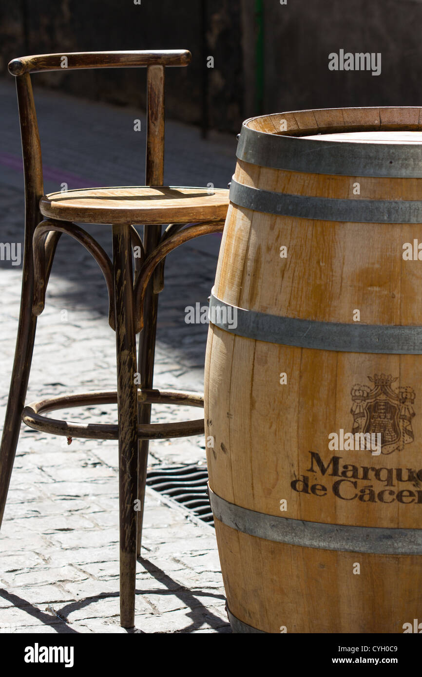 Wooden wine barrels outside bar in cadiz. (From the Marques de Caceres Winery) .A fine winery in Cenicero, Rioja Alta, Spain Stock Photo