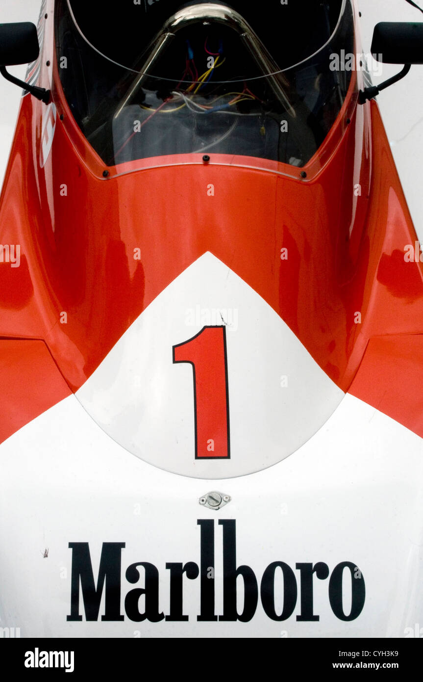 The nose of a Marlboro sponsored classic racing car. Stock Photo