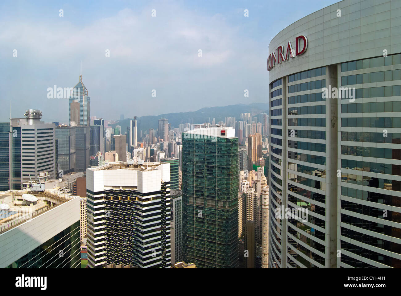 Overview of Hong Kong showing Conrad Hotel and high-rise hotel and business district Stock Photo