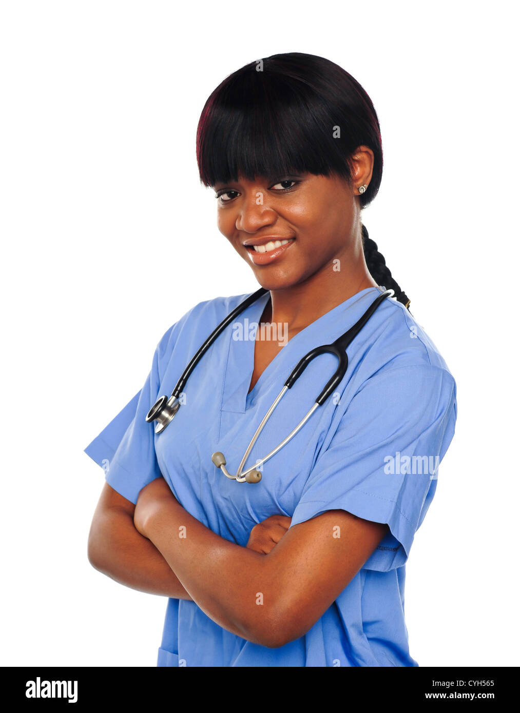 Female surgeon smiling isolated over a white background Stock Photo