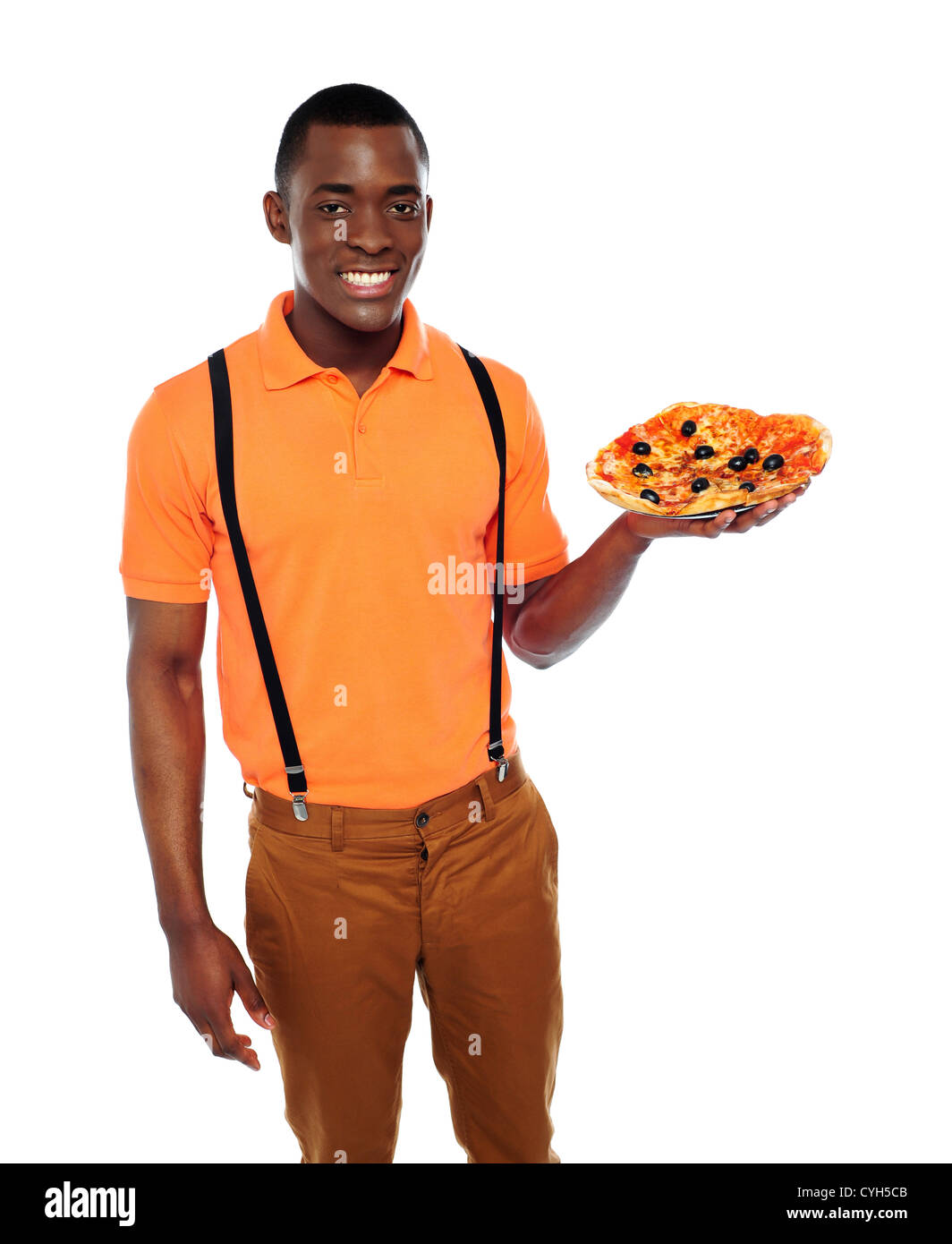 Handsome black man holding pizza isolated over white Stock Photo