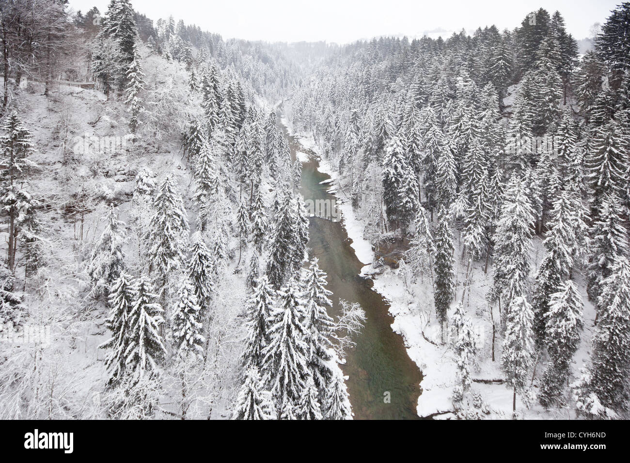 Snowy forest and river view from above Stock Photo - Alamy