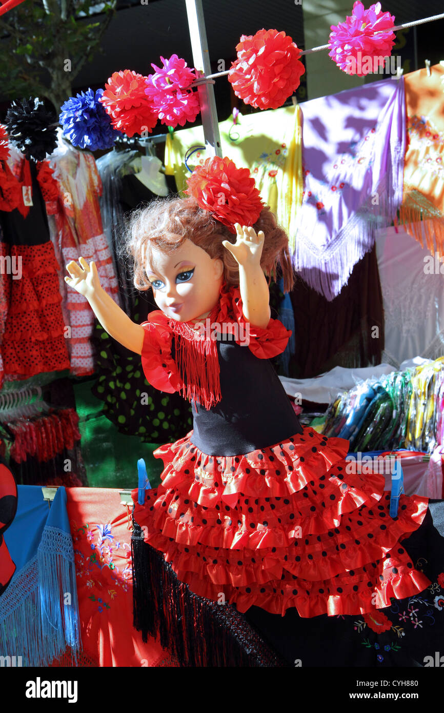 Doll dressed as flamenco dancer, street market stall, El Rastro sunday market, Madrid, Spain Stock Photo
