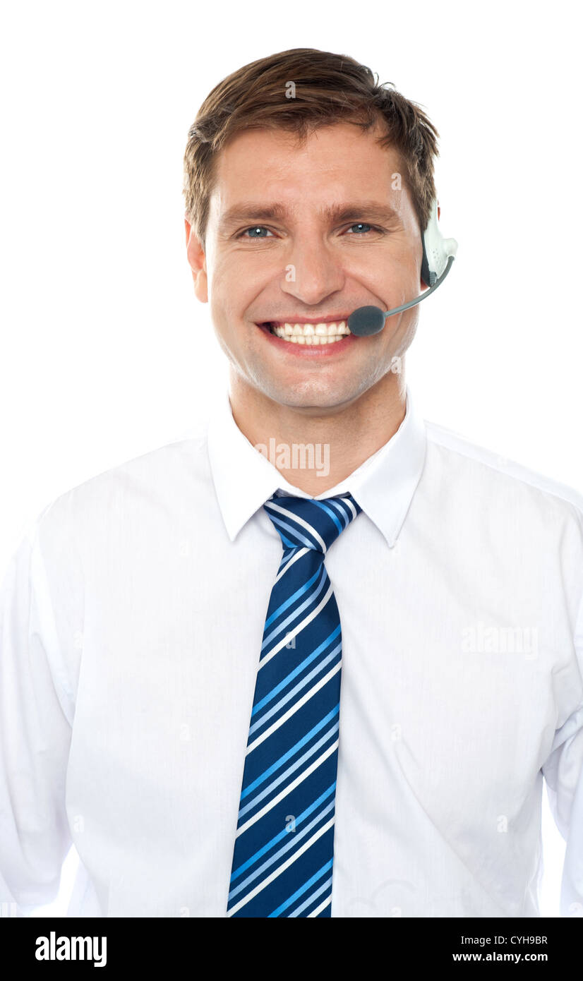 Handsome help desk male executive isolated over white Stock Photo - Alamy