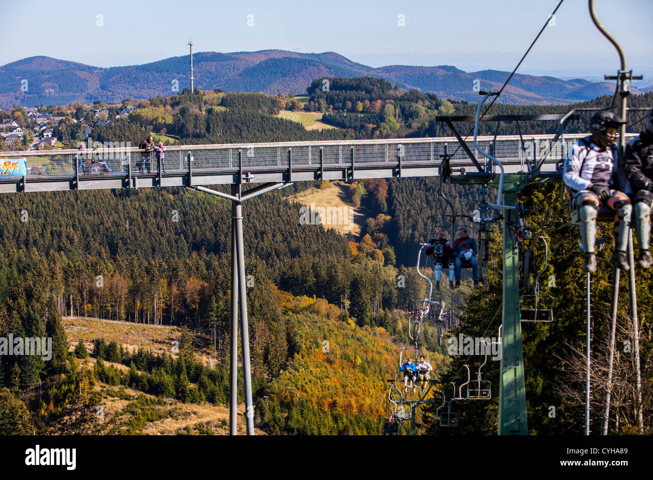 Panoramic experience bridge, 400 meter long bridge over trees and a valley to observe the nature of the region. Stock Photo