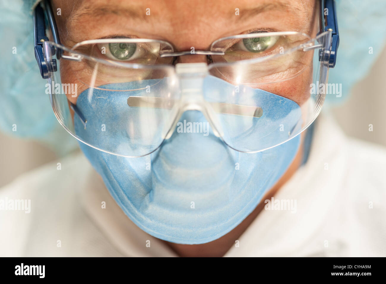 Scientist in necropsy lab wearing safety equipment Stock Photo