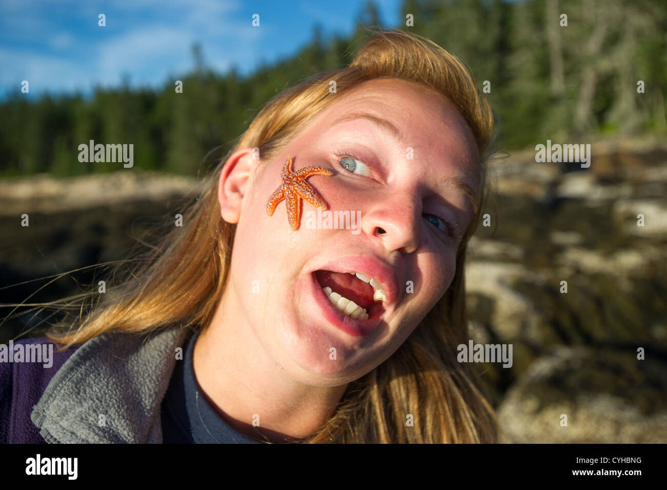 Woman with starfish on her face on coast of Acadia National Park Stock Photo