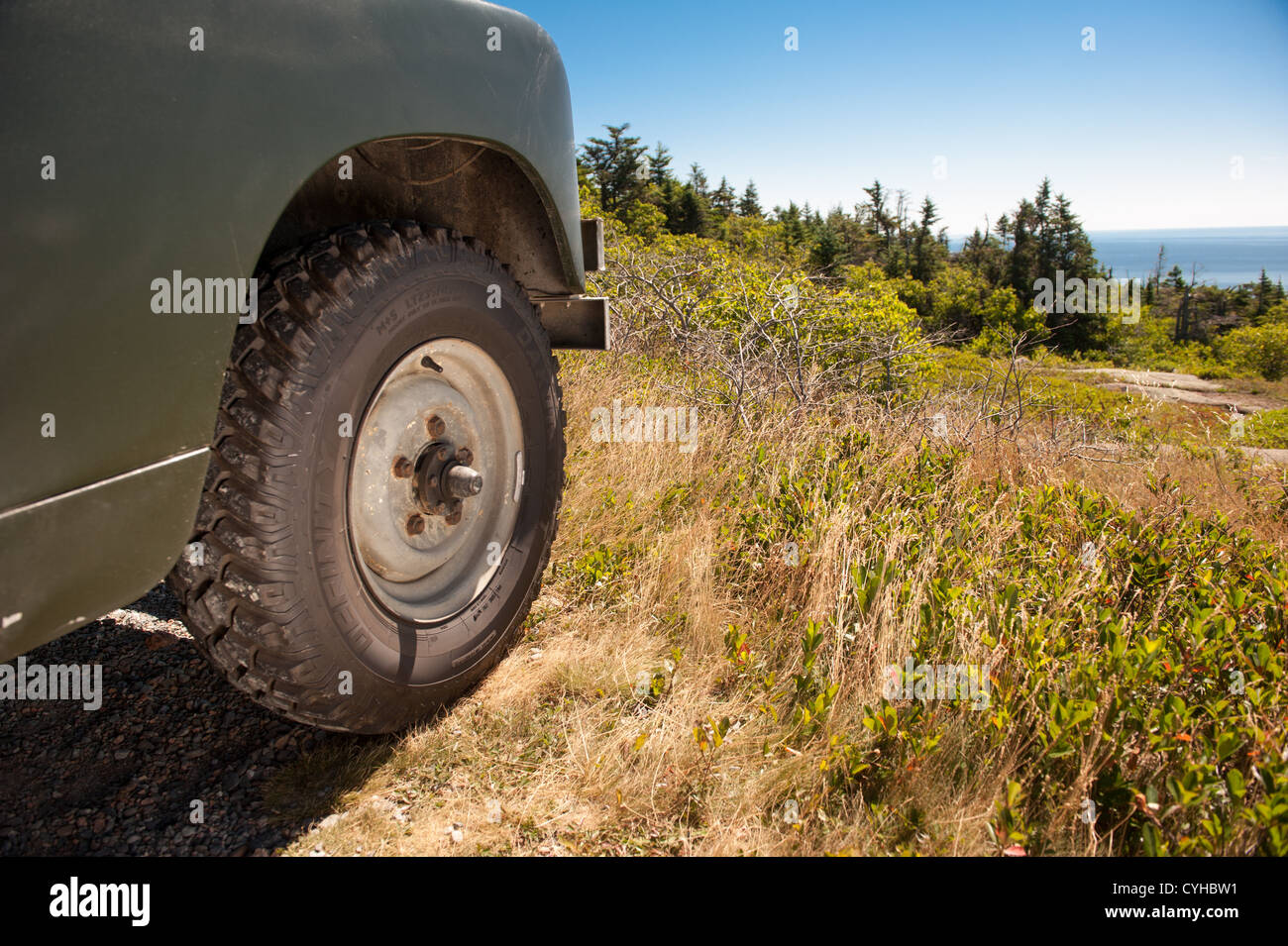 Truck wheel off road in landscape of Acadia National Park, Bar Harbor ME Stock Photo