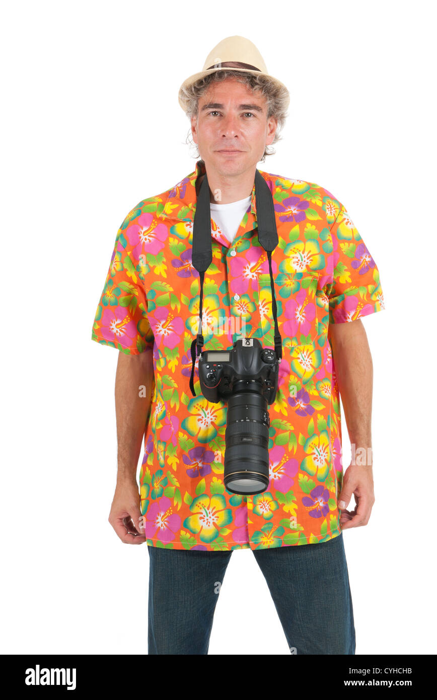 Typical tourist with big photo camera Stock Photo - Alamy