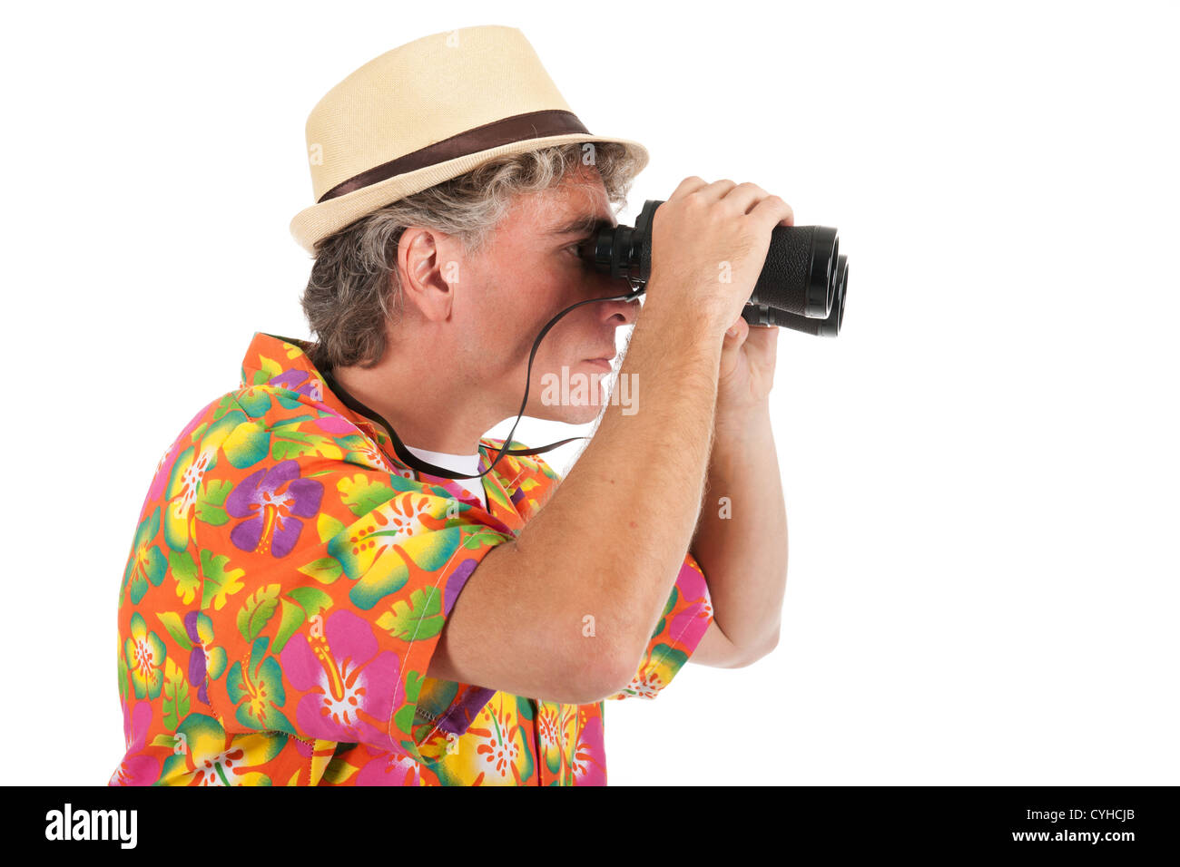 Man as tourist with spyglasses isolated over white background Stock ...