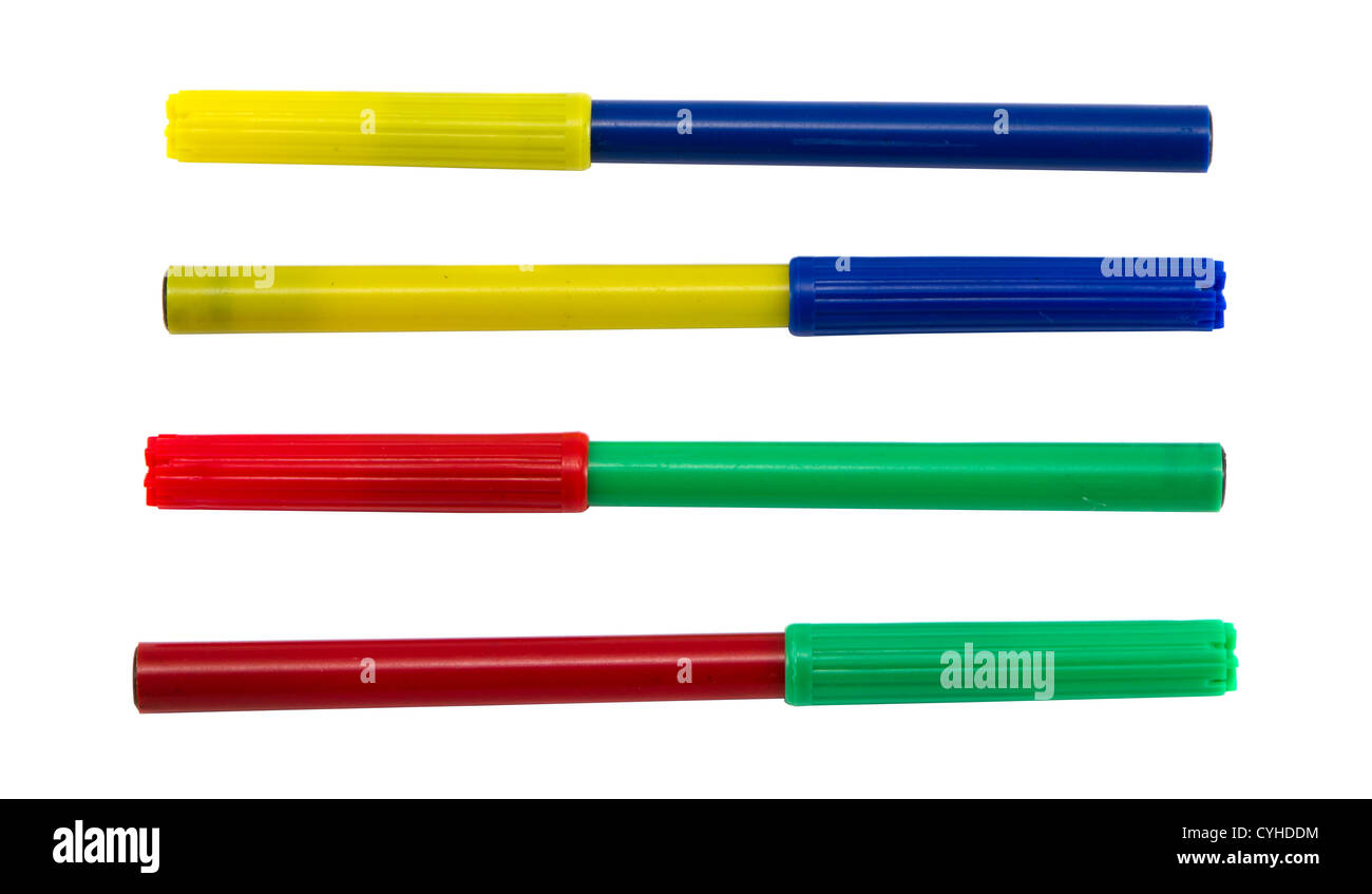 Felt tip pens with different color plug. Red green. Blue yellow. Stock Photo
