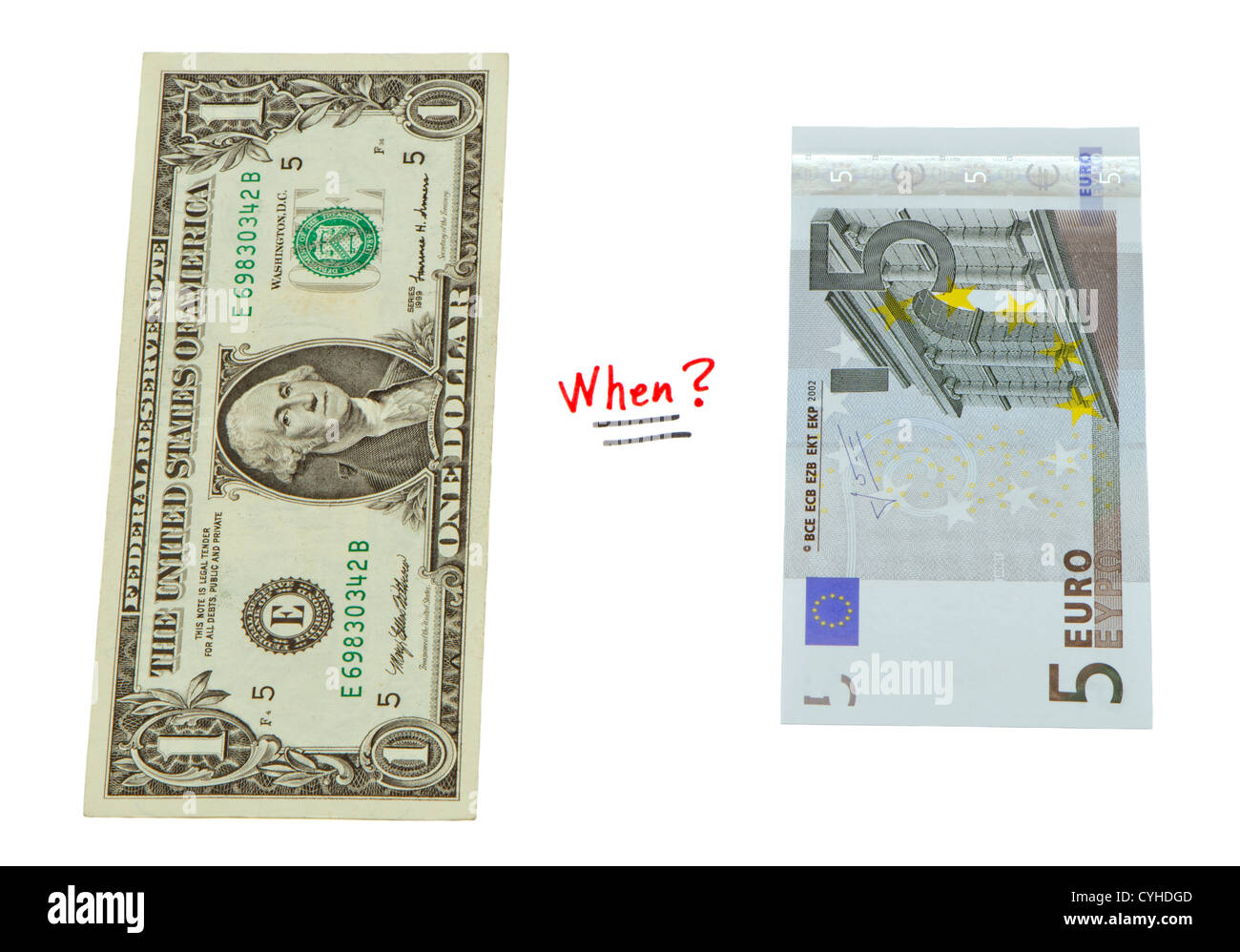 Concept compare USD dollar and European euro paper money. Stock Photo
