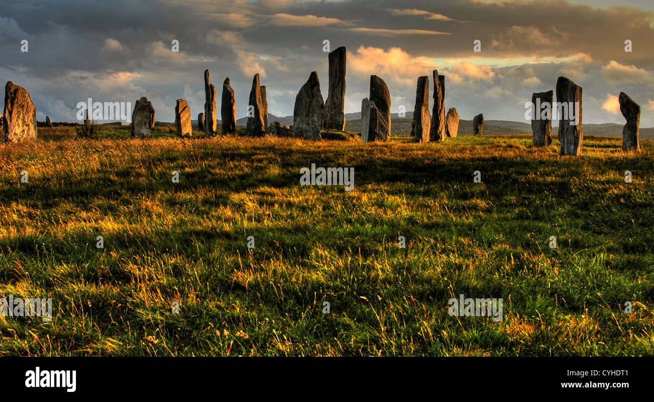 Evening Light at Calanish Stone Circle, Isle of Lewis, Scotland Stock Photo
