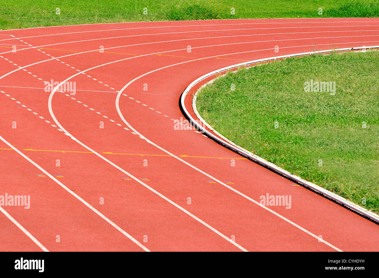 Details of an athletics running track, turning right Stock Photo Alamy