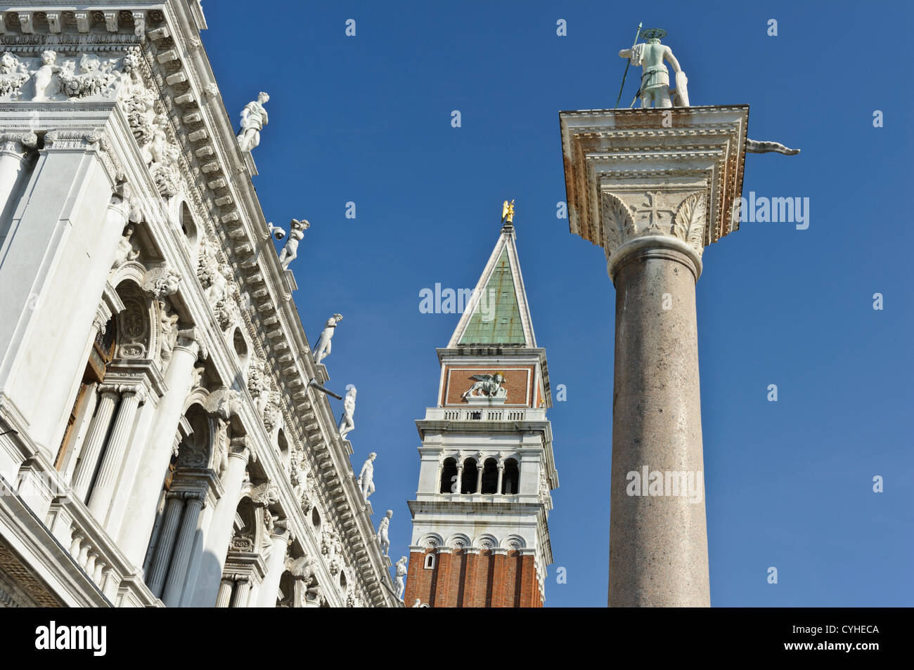 St Theodore Column and Campanile, St Mark's Square, Venice, Italy Stock ...