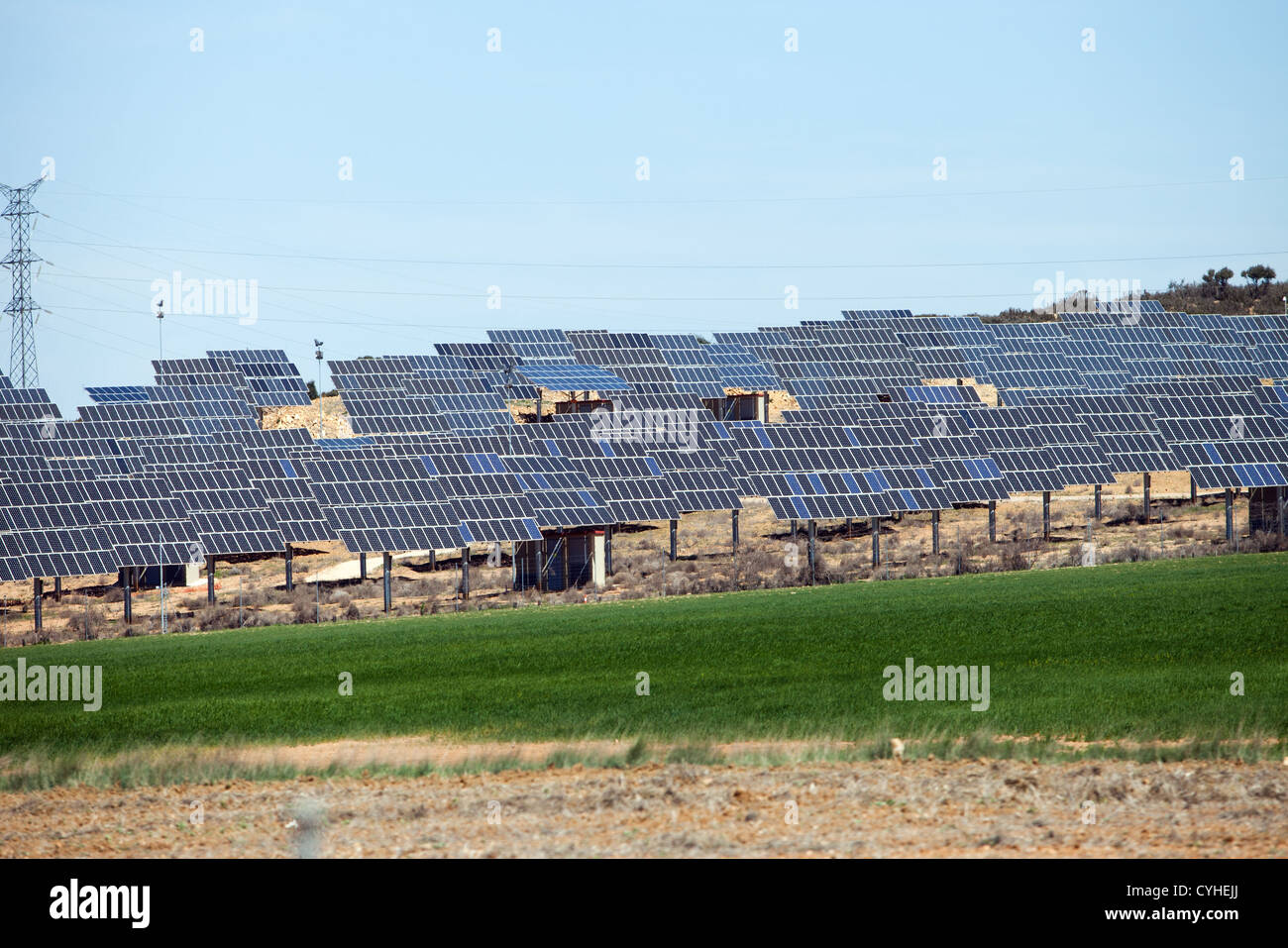Massive solar farm generating electricity out of solar power Stock Photo