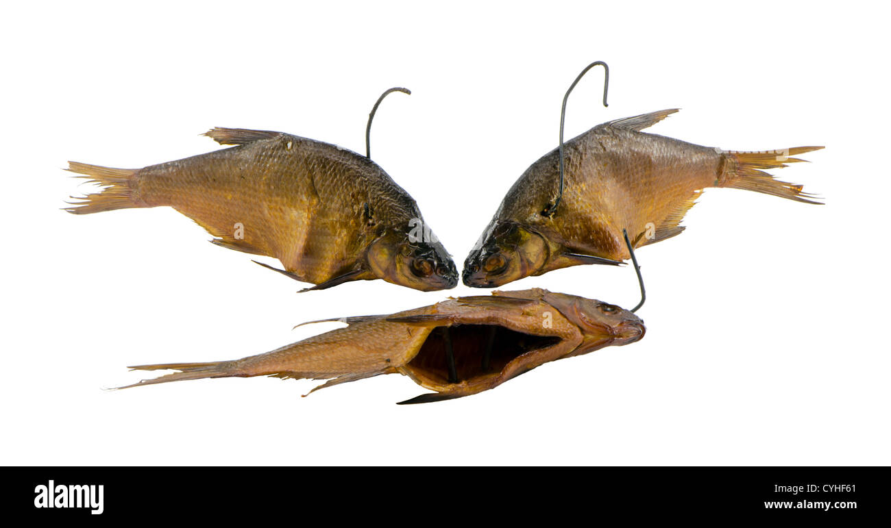Smoked bream fishes with hooks in neck isolated on white background Stock  Photo - Alamy