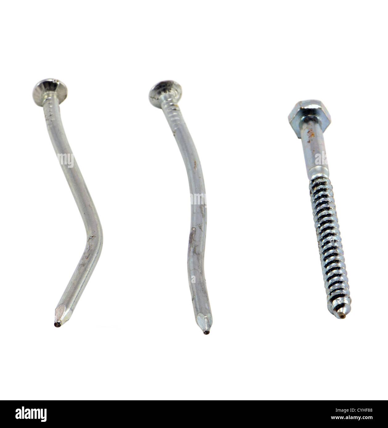 nails hammered bend and screw bolt wrench head isolated on white