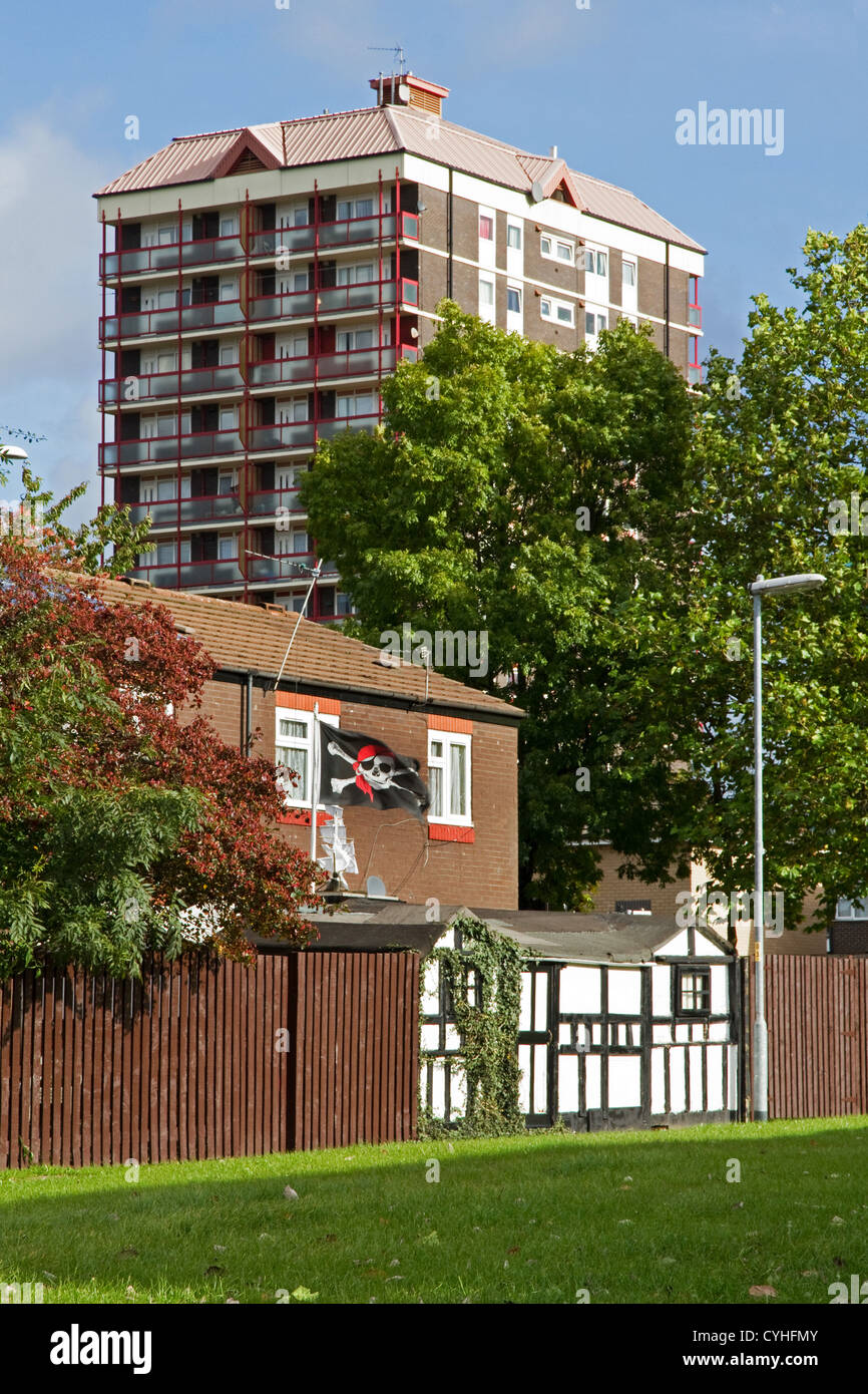 Housing estate houses and flats ( and Jolly Roger flag), Collyhurst