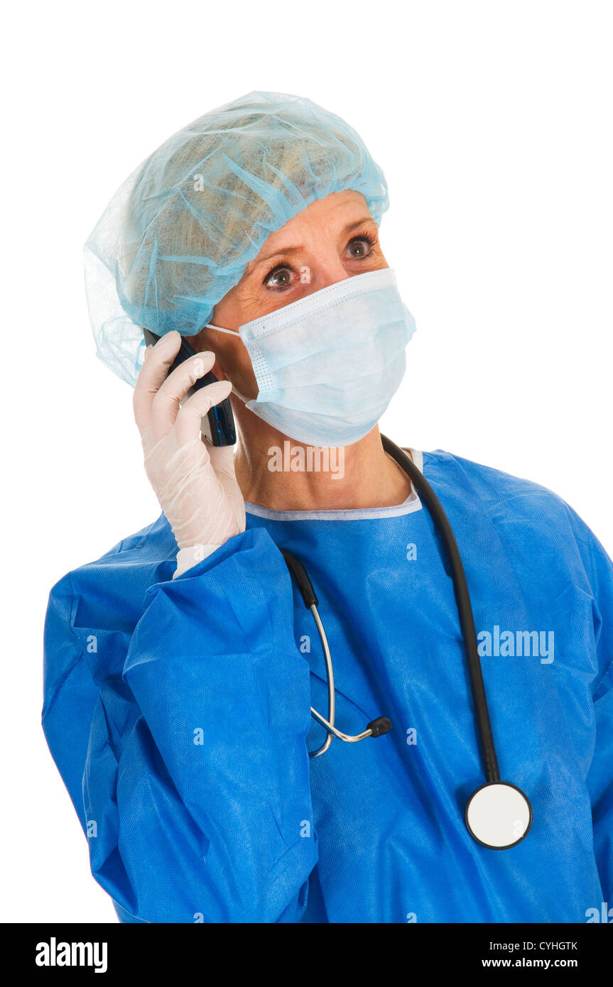 female surgeon holding mobile Stock Photo