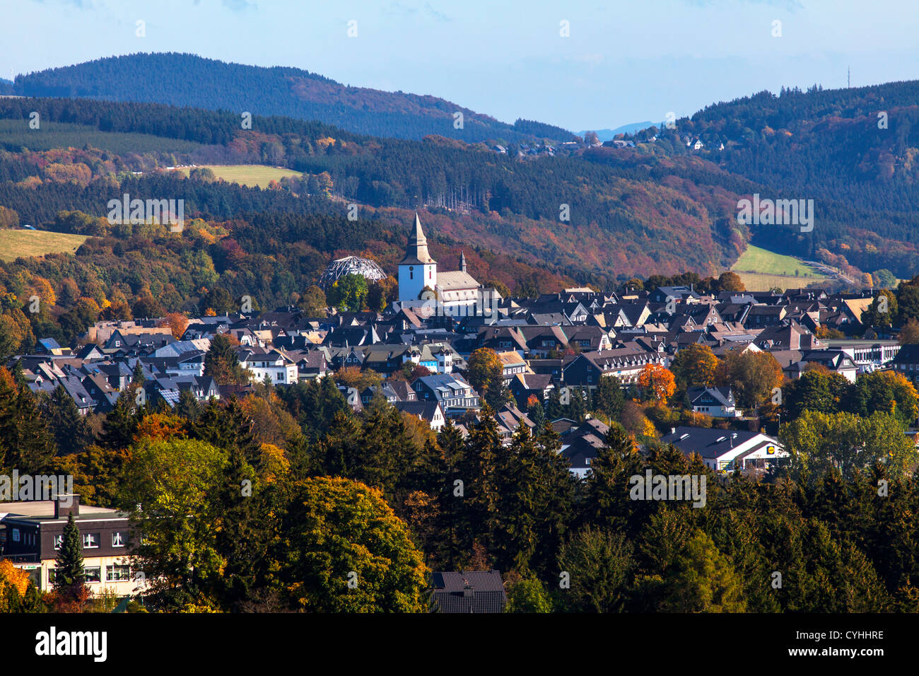View over Winterberg, a city in the Sauerland, a north western region in Germany, Europe. Stock Photo
