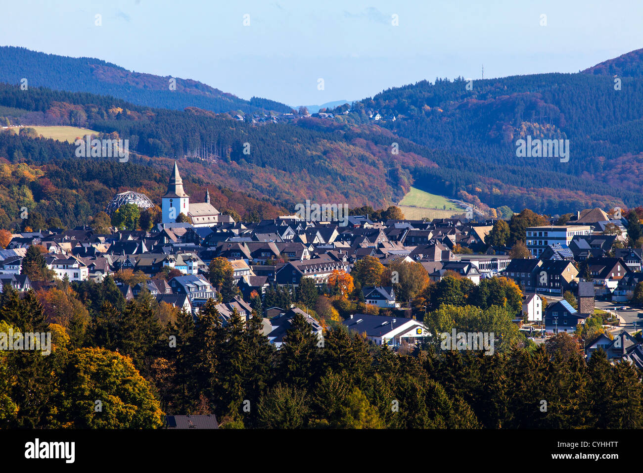 View over Winterberg, a city in the Sauerland, a north western region in Germany, Europe. Stock Photo