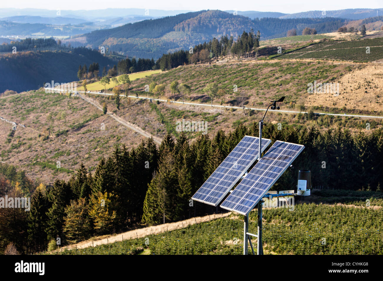 Portable weather station. Powered by solar energy. Measures all kind of weather data and transmits the data to a base station. Stock Photo