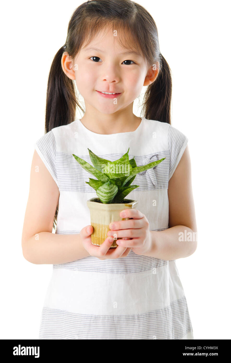 Concept of little girl holding a plant on white background Stock Photo