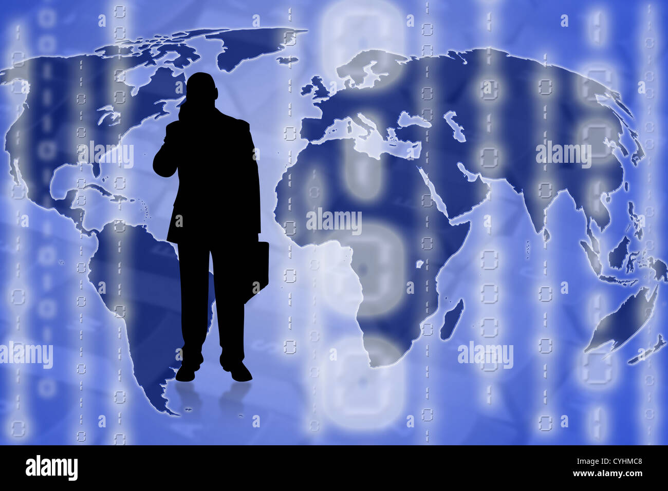 Illustration of a businessman on top of a world map Stock Photo