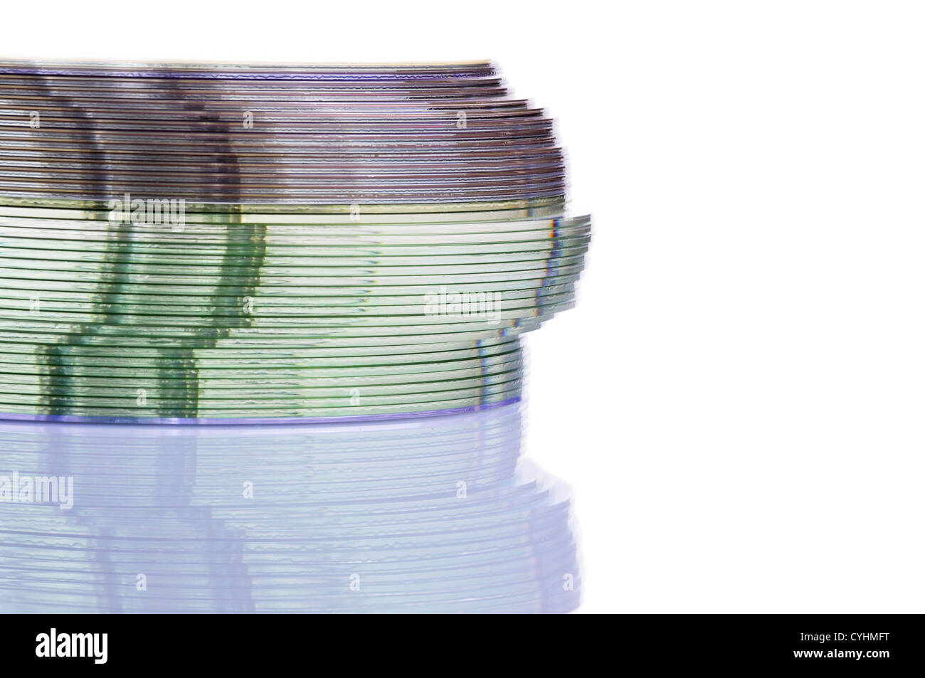 Close up view of a CD/DVD stack on a mirror Stock Photo
