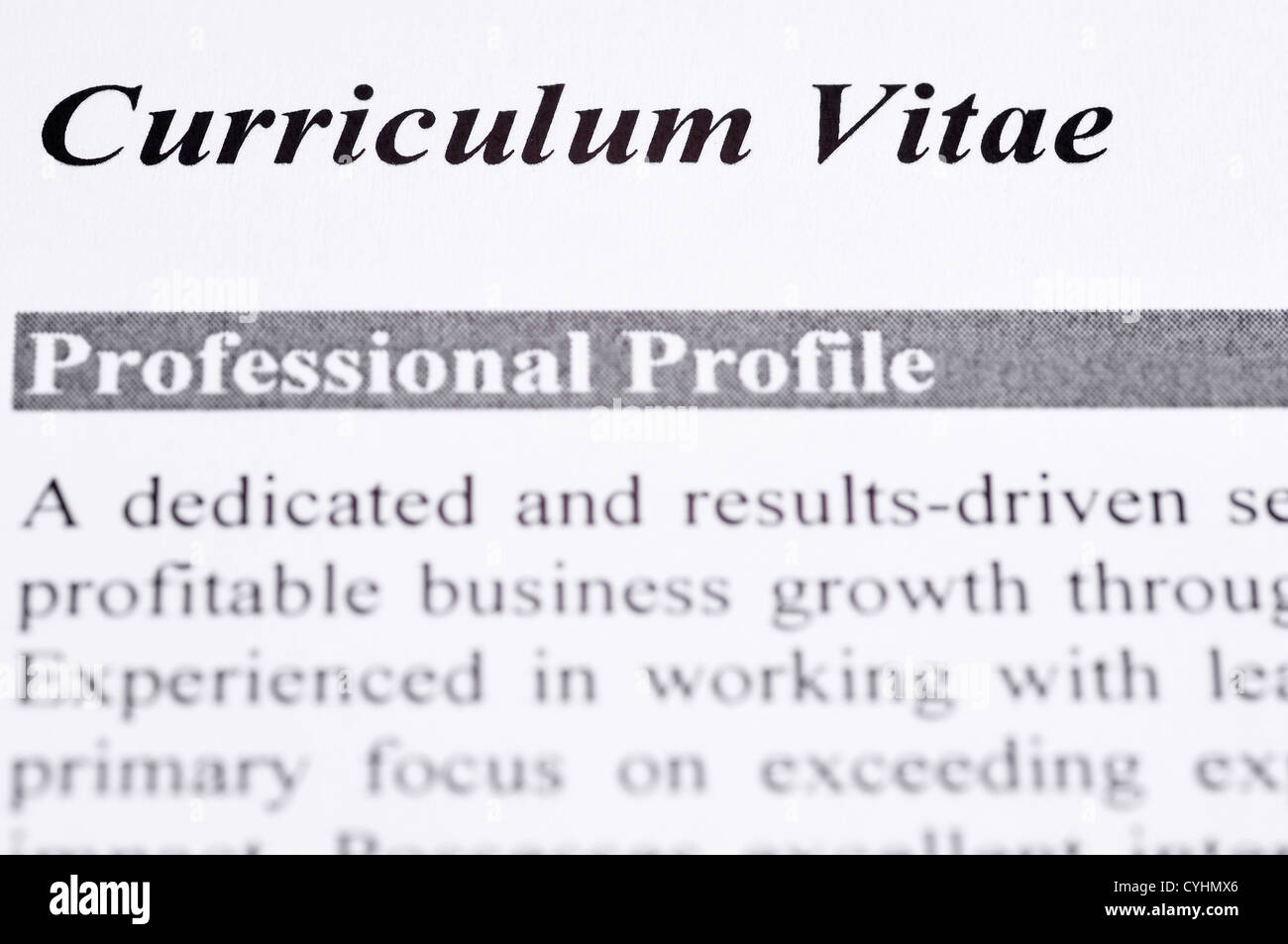 Close up of a Curriculum Vitae with professional profile Stock Photo