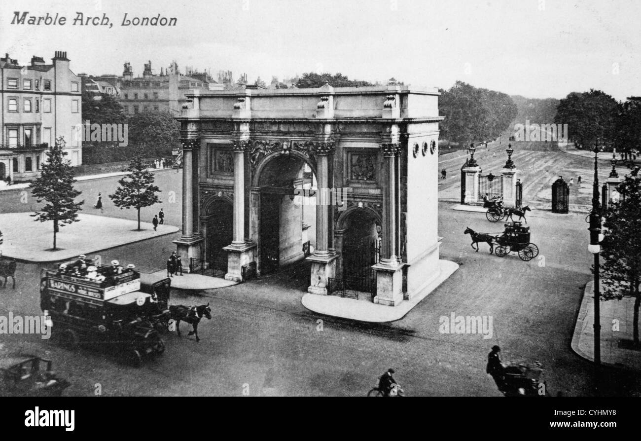 Park Lane,  Marble Arch London 1900s Uk. Looking south down into Hyde Park 1910 Stock Photo