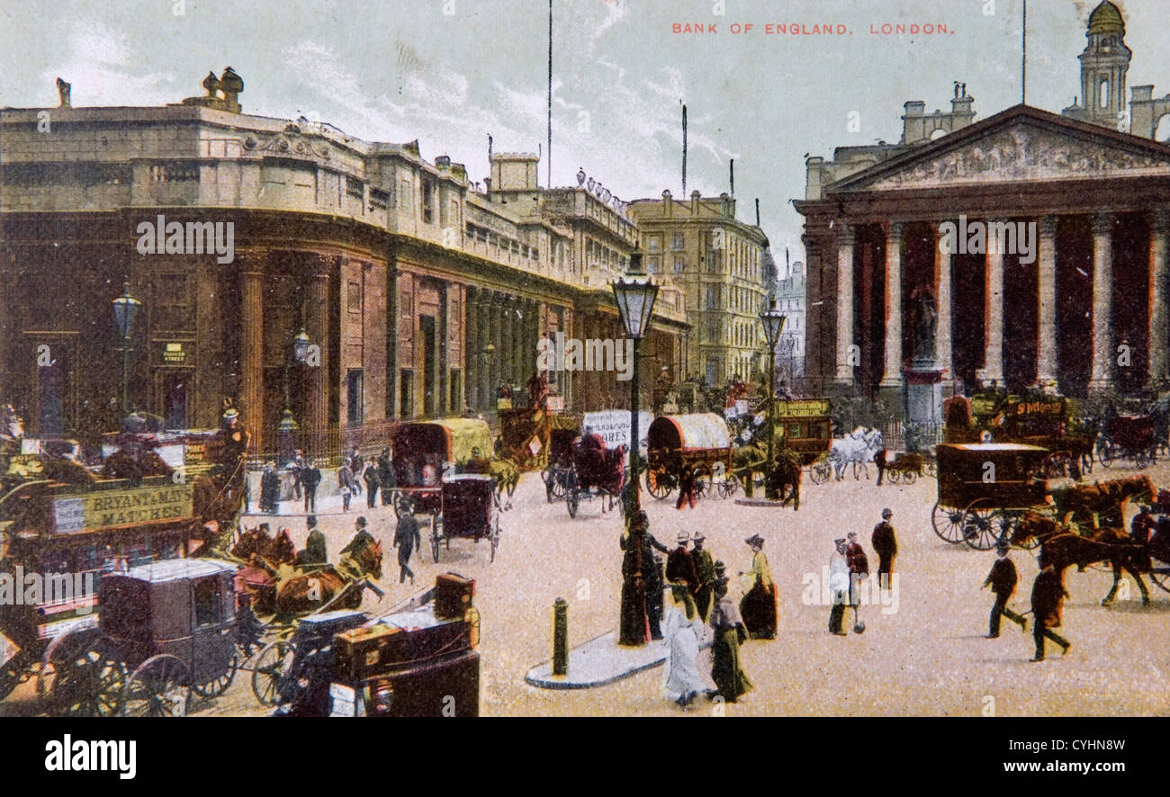 Bank of England, City of London. 1890s 1900s Uk. Hansom cab cabs Edwardian postcard Circa Horses being used in a Victorian city of London. Stock Photo
