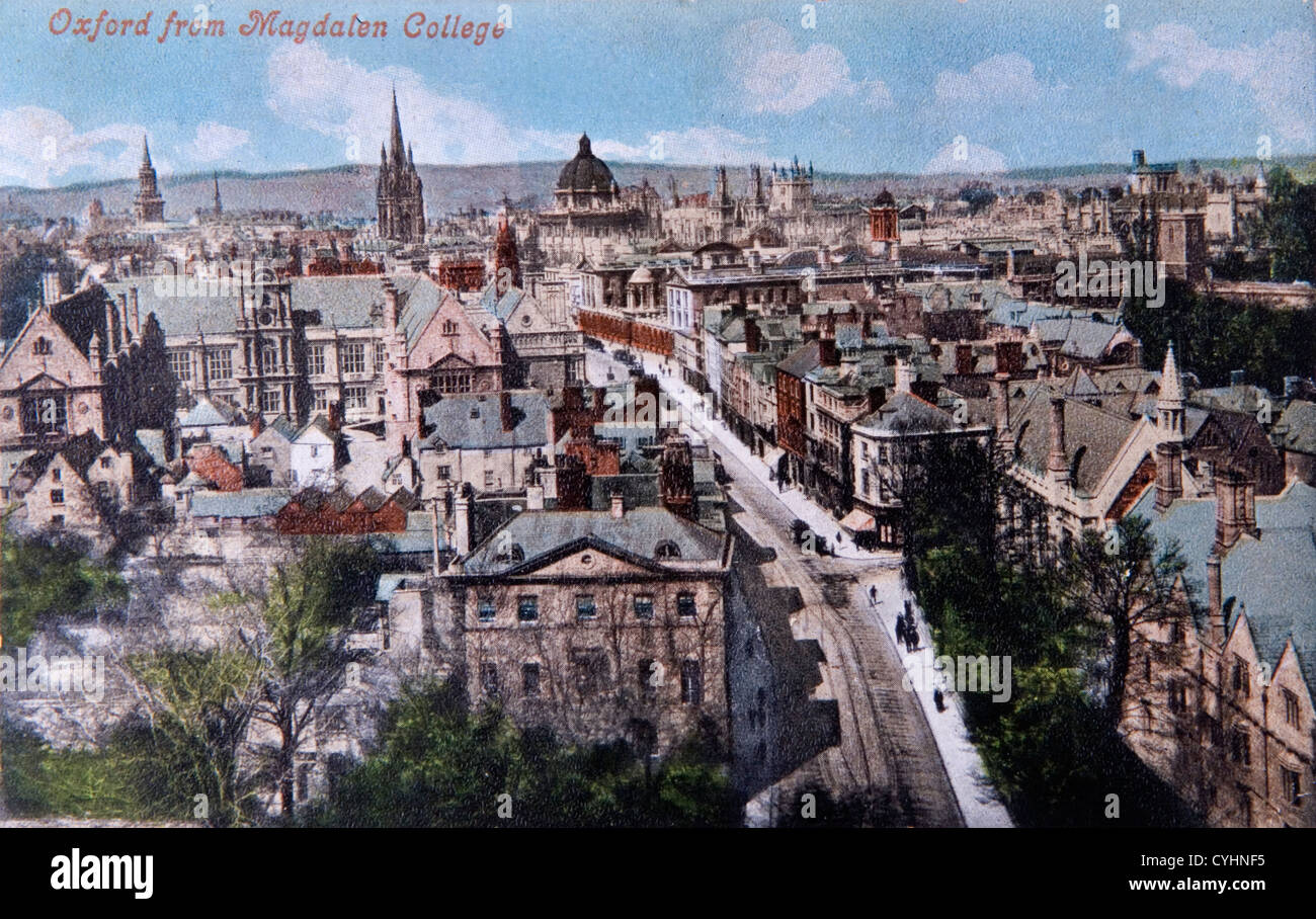 Oxford skyline from Magdalen College Church Tower. Oxfordshire. Hand tinted postcard Edwardian posted 1907. Stock Photo