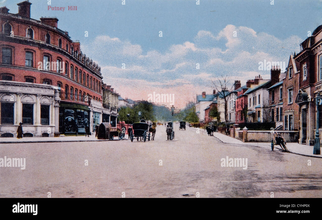 Putney Hill, south west London 1910s. Looking south towards Tibbets Corner. Edwardian hand tinted postcard sent 1919. Stock Photo