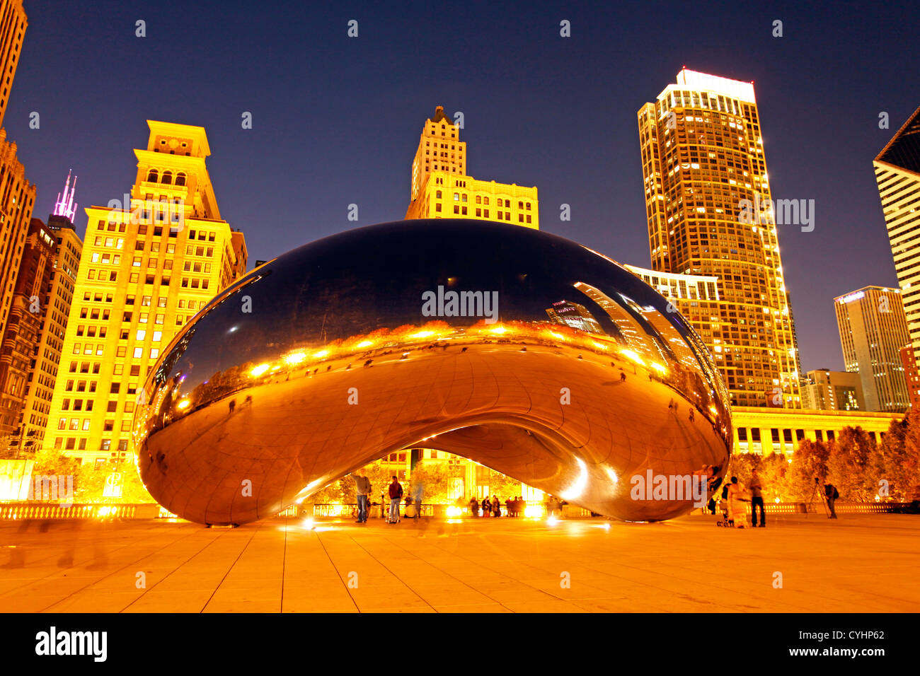 City skyline reflection in the Cloud Gate Sculpture (aka Coffee Bean) in Millennium Park, Chicago, Illinois, America Stock Photo