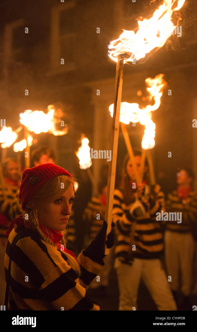 Lewes bonfire societies parade down the High Street of Lewes in East ...