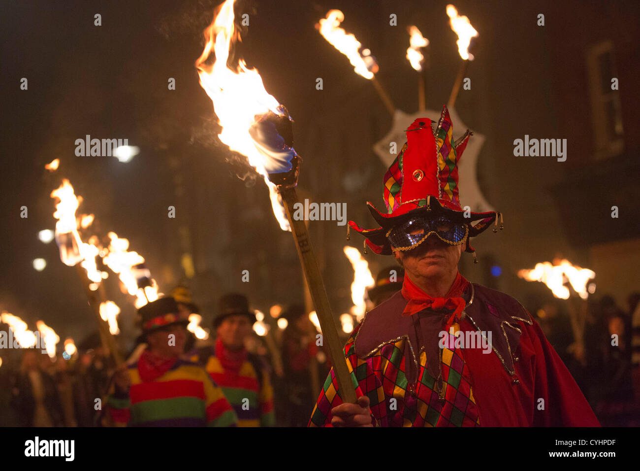 Lewes bonfire societies parade down the High Street of Lewes in East ...