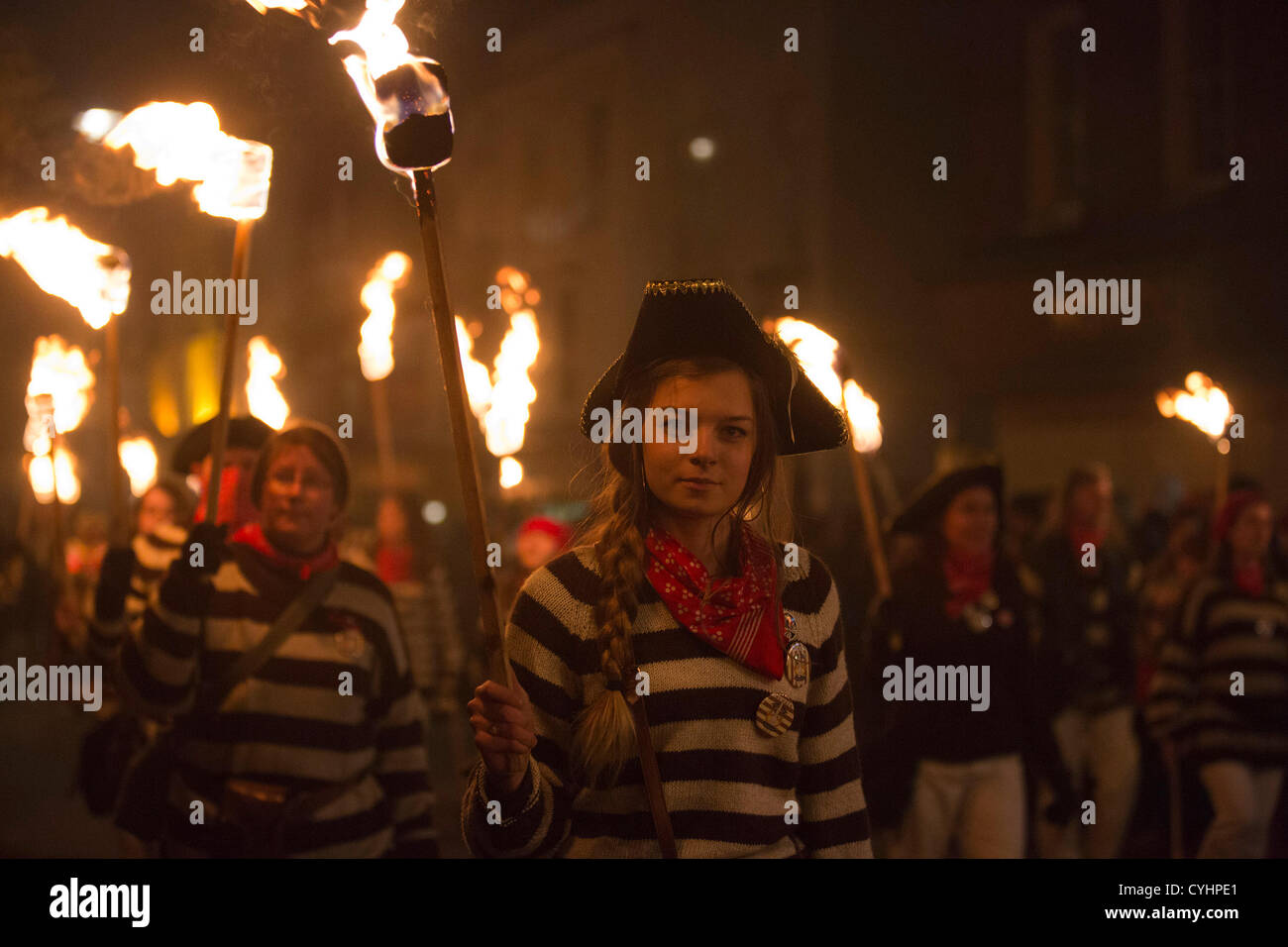 Lewes bonfire societies parade down the High Street of Lewes in East ...