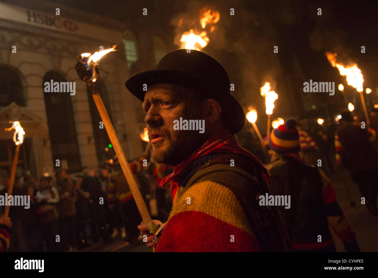 Lewes bonfire societies parade down the High Street of Lewes in East ...