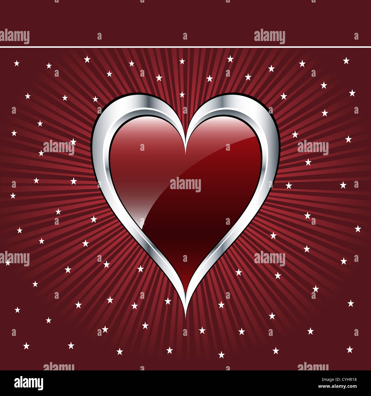 Valentine love heart in a dark red and silver on sunburst background ...