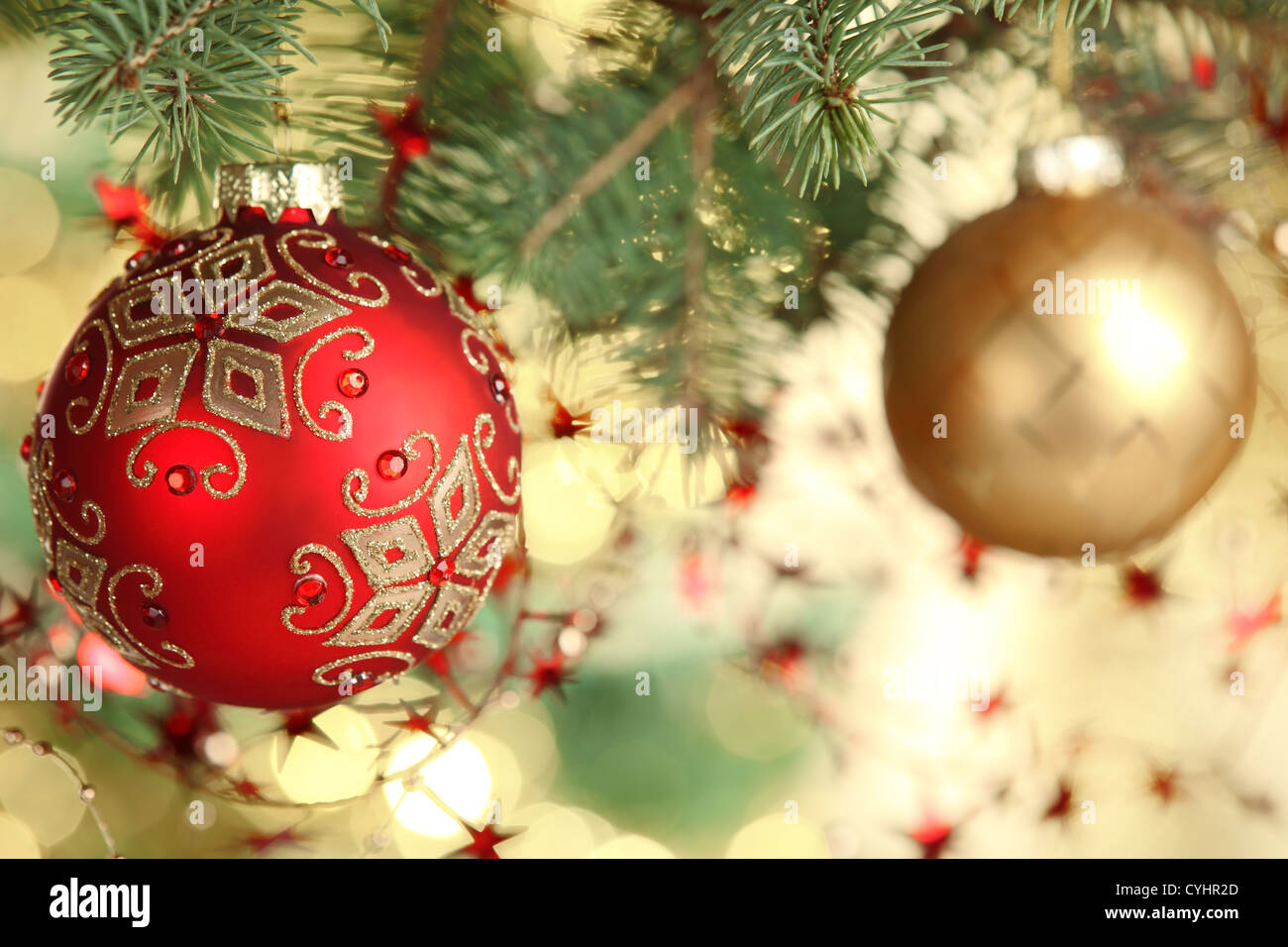 Christmas balls hanging from Christmas tree Stock Photo