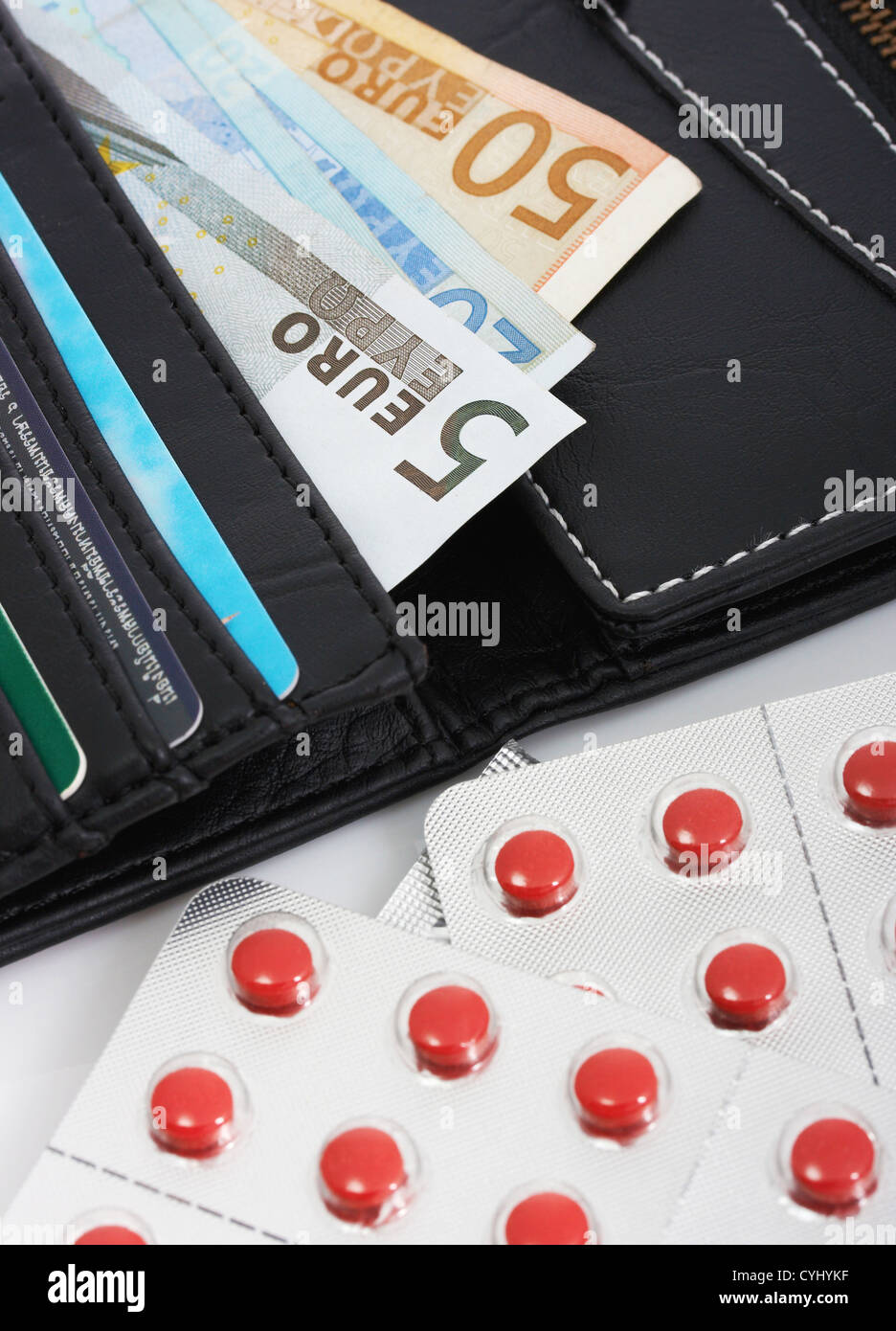 Pills And Cash Showing The Cost Of Medicine Stock Photo Alamy