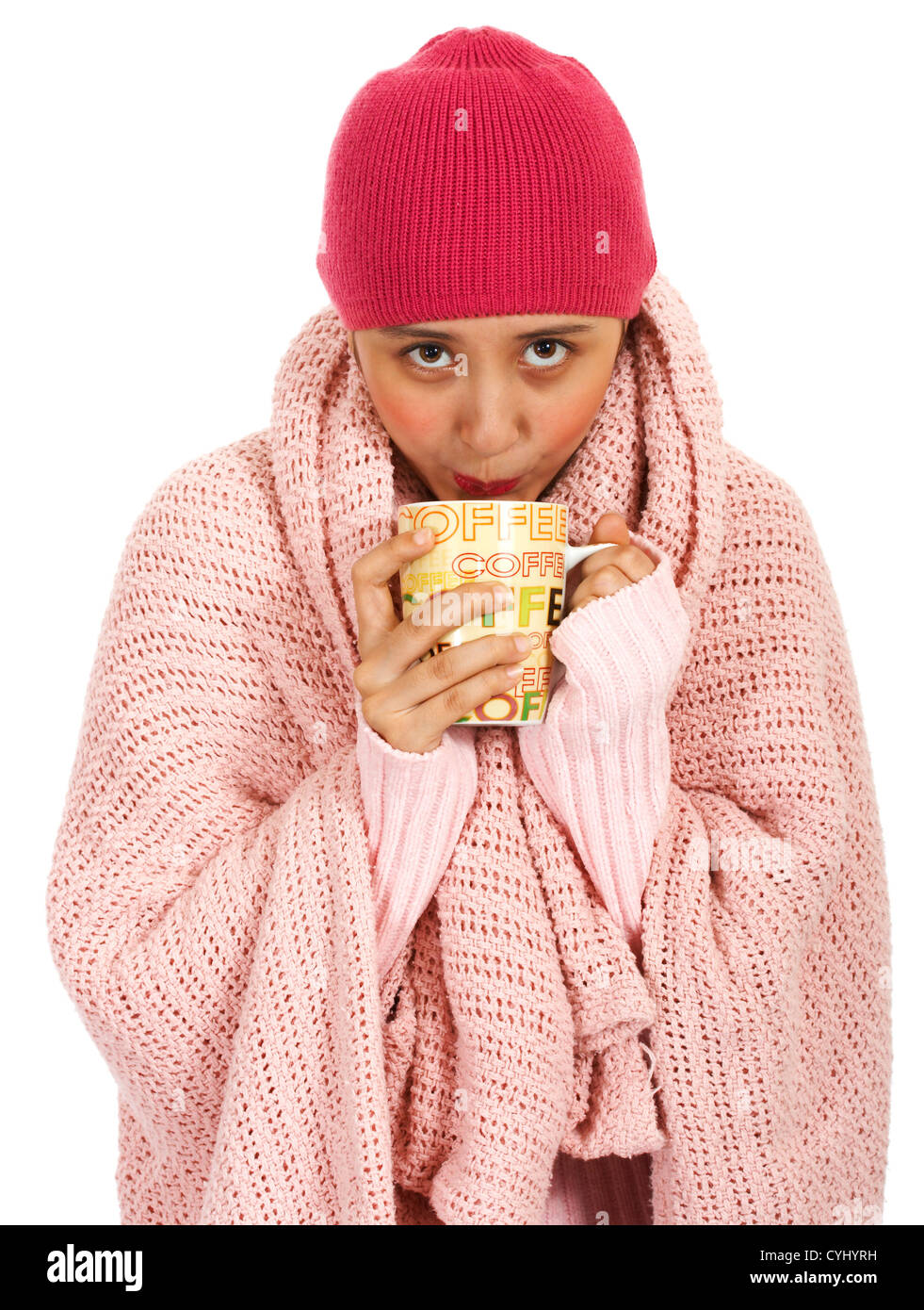Girl With Fever Drinking A Cup Of Coffee To Warm Herself Stock Photo