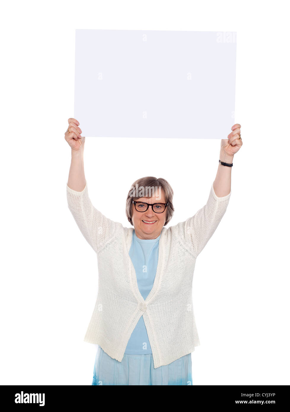 Woman holding blank banner over her head. Business concept Stock Photo