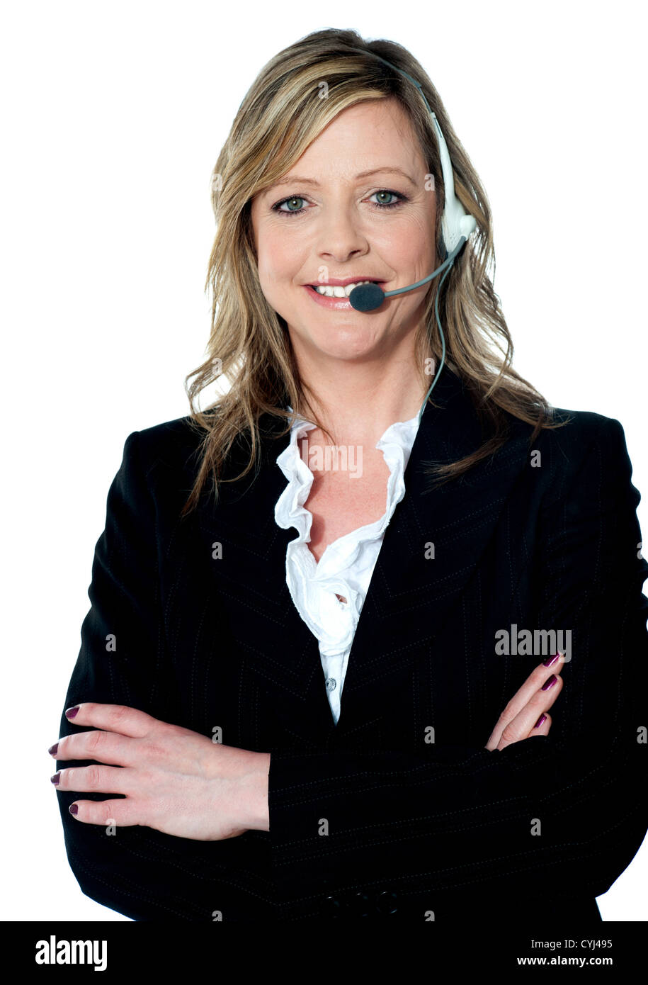 Customer care executive posing with headsets on Stock Photo Alamy