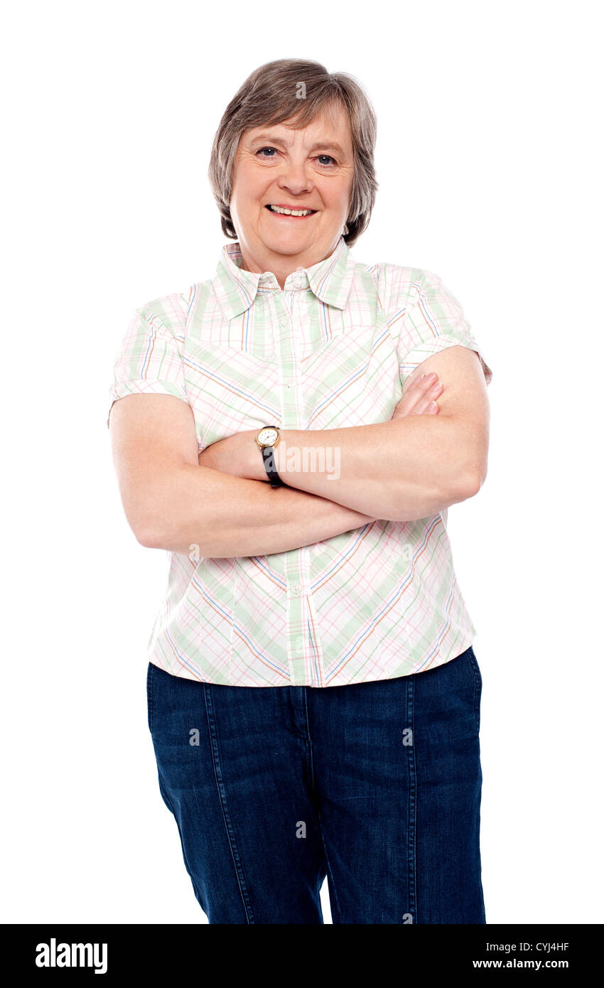 Beautiful aged woman in casuals isolated over white Stock Photo - Alamy