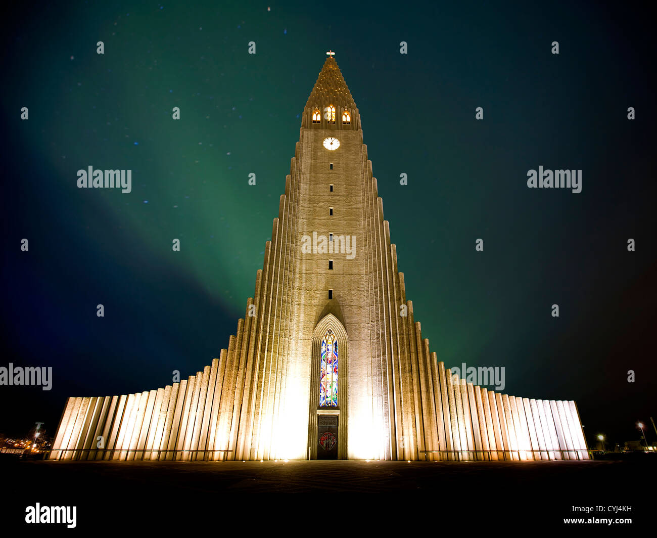 Northern lights shining over the church in Reykjavik Stock Photo