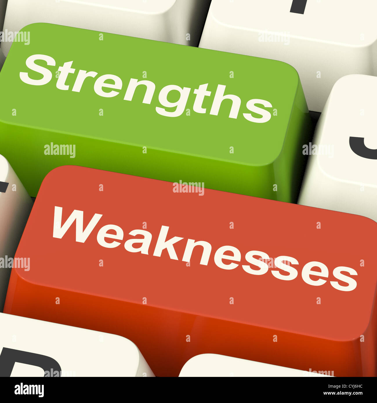 Strengths And Weaknesses Computer Keys Shows Performance Or Analyzing Stock Photo