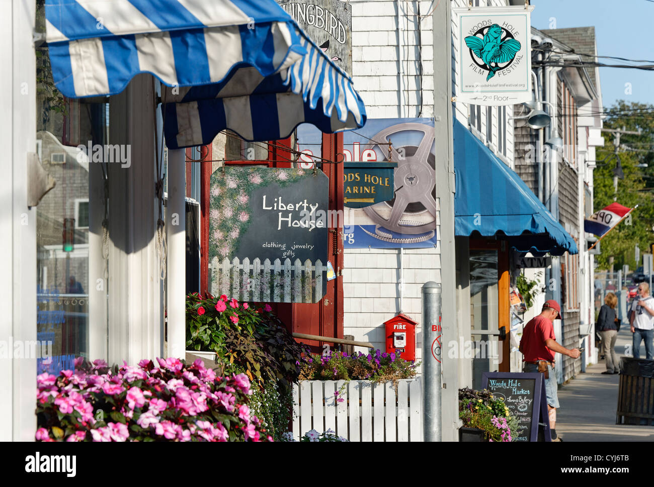 Shop fronts along Water Street, Woods Hole, Cape Cod, Massachusetts, USA Stock Photo